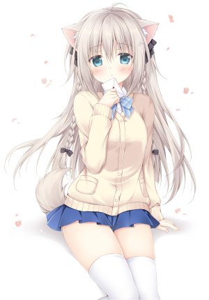 梱枝りこ,原创,兽耳,碧眼,脸红,三股辫,长发,短裙,开衫,single,丝袜,白丝