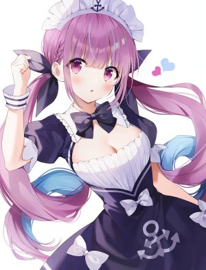 湊あくあ,Hololive,weri,青发,脸红,胸部,cleavage,长发,视线正对,横乳,紫色眼,紫发,缎带,双马尾,Vtuber,白背景