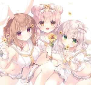 原创,ゆき恵,兽耳,水着,breasts,棕色眼,茶发,cleavage,双团子头,绿色眼,灰发,包子頭,holding,露脐,粉发,笑顔,泳装,白背景