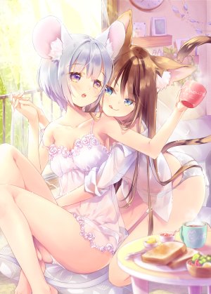 原创,ech,兽耳,前发,裸足,碧眼,脸红,胸部,茶发,猫耳,猫尾,lingerie,開いた口,胖次,紫色眼,衬衫,短发,银发,坐姿,貧乳,下着,百合