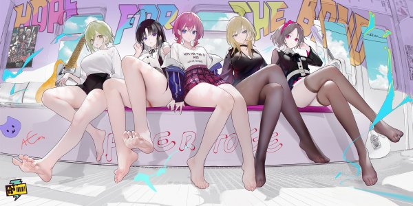 awa_subaru,iseri_nina,kawaragi_momoka,girls_band_cry,阿戈魔agm,黑发,黑丝,金发,碧眼,长发,视线正对,裤袜,粉发,红色眼,短发,丝袜,黄色眼