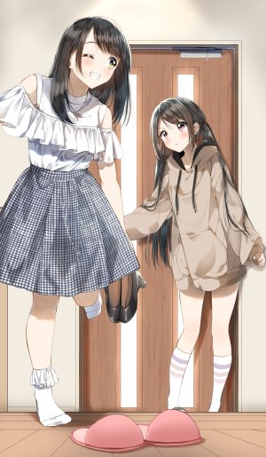 原创,ぺんたごん,前发,露肩,黑发,脸红,棕色眼,连帽衫,kneehighs,长发,长袖,闭只眼,红色眼,衬衫,短裙,笑顔,双马尾,白丝