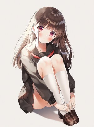 原创,weri,前发,脸红,kneehighs,长发,长袖,学校制服,水手服,衬衫,坐姿,短裙,白丝