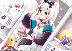 哈曼,碧蓝航线,兽耳,前发,碧眼,脸红,猫耳,项圈,发饰,长发,衬衫,短裙,白发