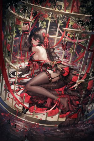 原创,ulquiorra0,single,长发,長身像,视线正对,前发,脸红,breasts,開口,黑发,红色眼,全身,reclining,少女,丝袜,连衣裙,裤袜,蝴蝶