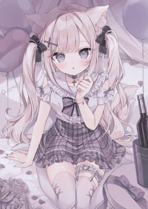 原创,hoshi,兽耳,脸红,茶发,发饰,长发,视线正对,花瓣,rose,衬衫,坐姿,短裙,single,丝袜,双马尾,超长发