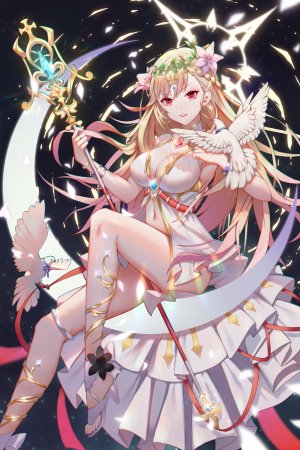 原创,咸鱼君sam,前发,露肩,金发,胸部,cleavage,发饰,holding,巨乳,长发,露脐,红色眼,坐姿,single