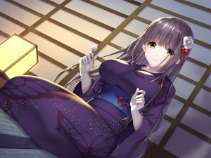 kuonji_sakura,楓木音,胡蝶のえる,黑发,绿色眼,发饰,和服,ランターン,长发,オビ,笑顔,single