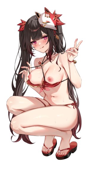 花火,崩坏：星穹铁道,緋月ひぐれ,水着,脸红,breasts,茶发,项圈,全身,长发,视线正对,仮面,露脐,nipples,缎带,笑顔,single,泳装,tattoo,双马尾,超长发,白背景