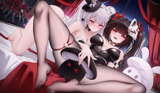 花火,崩坏：星穹铁道,玲殿下,露肩,黑发,breasts,视线正对,裤袜,紫色眼,笑顔,双马尾,白发