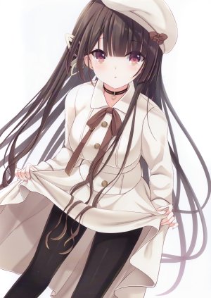 原创,kinoko5123,前发,黑发,黑丝,脸红,胸部,项圈,连衣裙,发饰,holding,巨乳,长发,长袖,红色眼,缎带,短裙,single,fumuyun