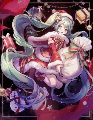 VOCALOID,初音ミク,pipi,single,長身像,视线正对,脸红,双马尾,绿色眼,全身,超长发,绿发,圣诞节,少女,发饰