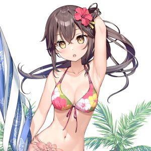 佐佐木与P酱,kantoku,水着,脸红,breasts,茶发,cleavage,发饰,长发,视线正对,露脐,開口,single,泳装,雨伞,白背景,黄色眼