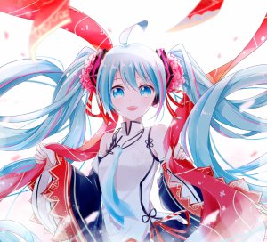VOCALOID,hatsune_miku_expo,初音ミク,徭季,single,视线正对,highres,開いた口,前发,碧眼,双马尾,青发,呆毛,少女,发饰