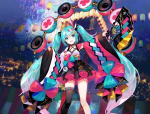 藤ちょこ,初音ミク,VOCALOID,项圈,乐器,和服,长发,短裙,黑丝,双马尾,絶対領域,cropped,waifu2x