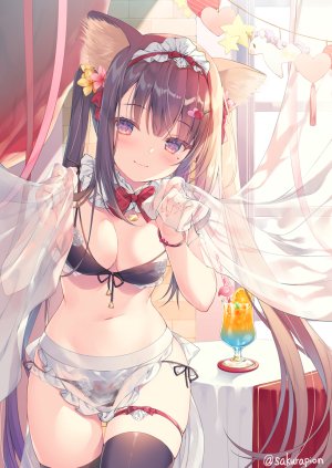 原创,みわべさくら,兽耳,围裙,水着,黑发,黑丝,胸部,猫耳,cleavage,发饰,holding,长发,视线正对,横乳,露脐,笑顔,single,泳装,双马尾