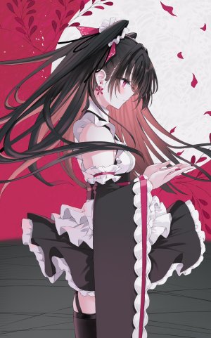 原创,nanananana,围裙,露肩,黑发,黑丝,breasts,茶发,连衣裙,长发,女仆,花瓣,single,丝袜,絶対領域