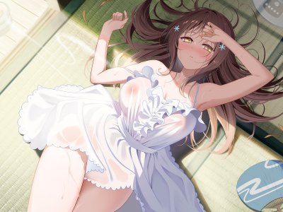 piyopoyo,原创,露肩,脸红,breasts,棕色眼,茶发,cleavage,连衣裙,发饰,长发,横臥,nipples,single,夏装,湿身