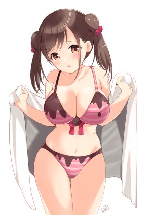 园田智代子,偶像大师,偶像大师：闪耀色彩,あずまゆき,前发,露肩,水着,胸部,棕色眼,茶发,cleavage,双团子头,巨乳,视线正对,露脐,single,泳装,毛巾,白背景