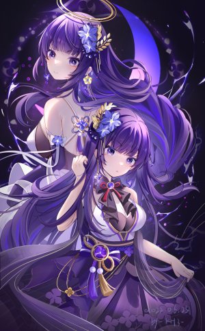 雷電将軍,原神,miaogujun,露肩,直刘海,breasts,cleavage,连衣裙,发饰,光晕,长发,紫色眼,紫发,缎带