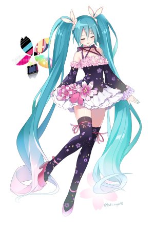 初音ミク,VOCALOID,月りんご,樱花,连衣裙,全身,长发,開いた口,缎带,短裙,笑顔,single,黑丝,双马尾,白背景,絶対領域