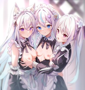 原创,teeth_bro,兽耳,围裙,碧眼,青发,脸红,breasts,连衣裙,灰发,groping,发饰,长发,长袖,视线正对,女仆,nipples,開口,紫色眼,紫发,红色眼,笑顔,双马尾