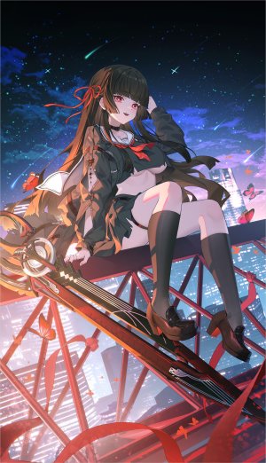 鸣潮,chisa,黑翼丶深夏,single,长发,長身像,视线正对,前发,breasts,黑发,红色眼,坐姿,全身,直刘海,少女,weapon,项圈