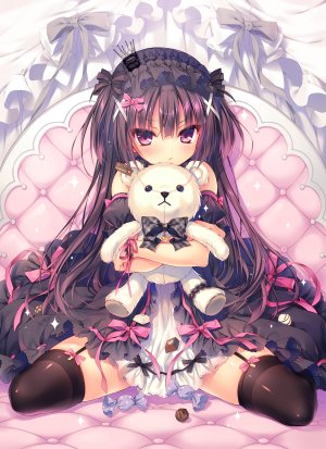 原创,yume_utsutsu_quintet,Rubi-sama,露肩,黑发,黑丝,脸红,皇冠,连衣裙,哥特式洛丽塔,发饰,萝裙,长发,紫色眼,缎带,坐姿,single,张腿,毛绒玩具,泰迪熊,丝袜