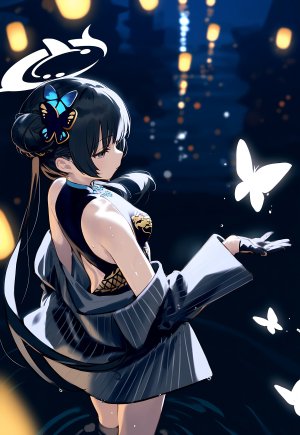 蔚蓝档案,竜華キサキ,动物,前发,露肩,黑发,breasts,蝴蝶,汉服,双团子头,连衣裙,手套,包子頭,发饰,光晕,灯笼,长发,长袖,视线正对,single,结发,双马尾,超长发,AI生成图