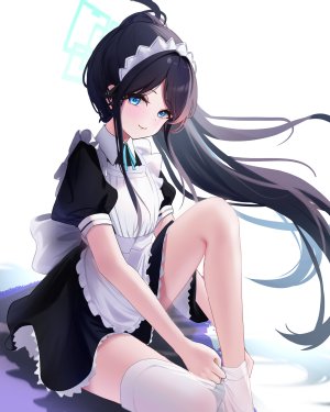 Yuuca,天童爱丽丝,蔚蓝档案,围裙,黑发,碧眼,连衣裙,视线正对,女仆,裤袜,马尾辫,缎带,笑顔,丝袜,白丝