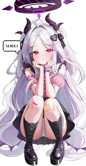 空崎ヒナ,蔚蓝档案,呆毛,创可贴,脸红,领结,恶魔娘,发饰,光晕,萝莉,长发,视线正对,nopan,胖次,褶皱裙,紫色眼,衬衫,短裙,single,双马尾,下着,超长发,白背景,白发,翅膀