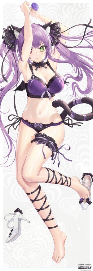 mango_cat,兽耳,前发,裸足,脸红,bra,胸部,猫耳,猫娘,猫尾,cleavage,全身,绿色眼,巨乳,长发,胖次,粉发,紫发,缎带,笑顔,双马尾,下着,翅膀