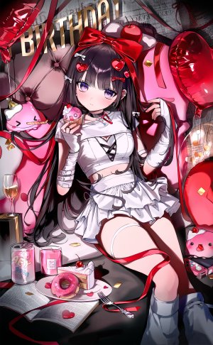 原创,eumi으미,黑发,breasts,项圈,发饰,holding,长发,视线正对,迷你短裙,紫色眼,衬衫,短裙,single,超长发