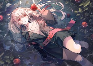 原创,koh_rd,りんご,holding,leaf,长发,视线正对,横臥,開いた口,粉发,红色眼,single