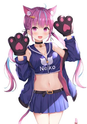 湊あくあ,Hololive,埃策尔,呆毛,兽耳,露肩,胸部,猫耳,猫娘,猫尾,项圈,cleavage,手套,长发,视线正对,横乳,迷你短裙,露脐,開いた口,紫色眼,紫发,衬衫,短裙,笑顔,single,双马尾,Vtuber,白背景