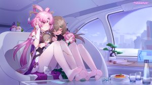 符玄,青雀,崩坏：星穹铁道,翼つばさ,脸红,茶发,汉服,长发,開口,裤袜,粉发,坐姿,sleeping