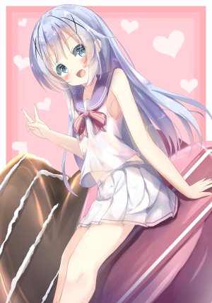 香風智乃,请问您今天要来点兔子吗?,夏奈なつ,前发,露肩,碧眼,青发,脸红,发饰,长发,视线正对,開いた口,学校制服,水手服,衬衫,短裙,笑顔,single