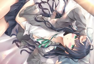 maruma,原创,黑发,脸红,绿色眼,长发,露脐,缎带,学校制服,短裙,signed