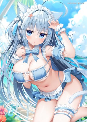 原创,白もち桜,呆毛,兽耳,海滩,水着,碧眼,青发,breasts,cameltoe,猫耳,猫娘,猫尾,cleavage,发饰,缎带,天空,single,泳装