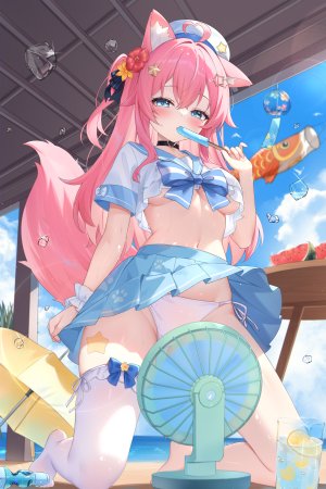 原创,kuroida,呆毛,兽耳,碧眼,领结,breasts,项圈,狐娘,发饰,holding,跪姿,长发,视线正对,迷你短裙,露脐,胖次,粉发,褶皱裙,学校制服,水手服,衬衫,短裙,掀裙,single,丝袜