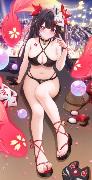 崩坏：星穹铁道,honkai,花火,绿茶の袋子,single,长发,長身像,视线正对,脸红,前发,breasts,黑发,坐姿,双马尾,露肩,cleavage,全身,直刘海,少女,露脐,下着,胖次,动物,花瓣,lingerie,bra