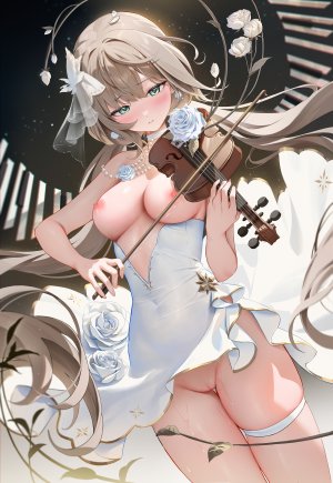 ほうき星,前发,露肩,连衣裙,garter,发饰,项链,No-Bra,nopan,短裙,脸红,breasts,茶发,绿色眼,长发,露脐,nipples,猫咪,超长发,掀裙,holding,视线正对,rose,乐器,妹汁,single