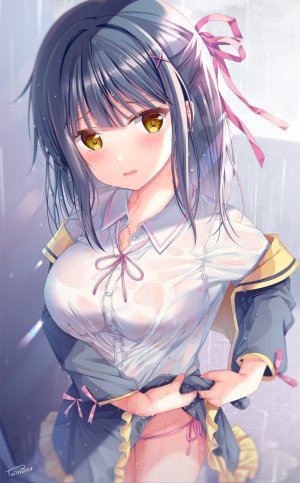 原创,七海優乃,Sousouman,花花捲,长发,single,長身像,脸红,视线正对,前发,胸部,黑发,巨乳,黄色眼,No-Bra