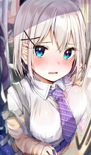 原创,rouka,碧眼,脸红,乳揉み,胸部,发饰,巨乳,长袖,视线正对,開いた口,学校制服,衬衫,银发,短裙