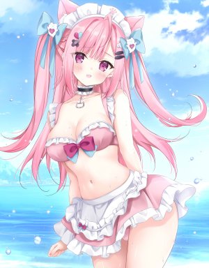 结城昨奈,独立虚拟YouTuber,梱枝りこ,兽耳,露肩,水着,脸红,breasts,项圈,cleavage,发饰,长发,视线正对,開口,粉发,紫色眼,缎带,天空,笑顔,single,泳装