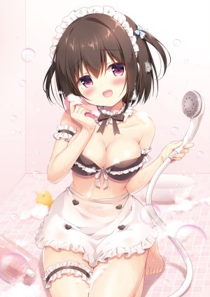 Melonbooks,原创,宫坂なこ,围裙,前发,露肩,水着,黑发,脸红,胸部,泡泡,cleavage,holding,视线正对,横乳,開いた口,红色眼,短发,笑顔,single,泳装