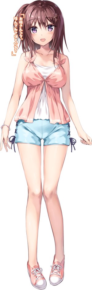 おりょう,桜井伊夜,母性女友2,露肩,脸红,手镯,breasts,茶发,全身,发饰,视线正对,開口,紫色眼,衬衫,笑顔,single,巨乳