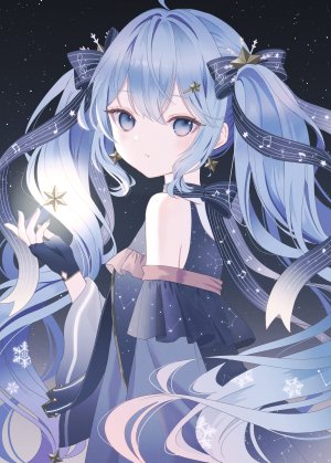 初音ミク,雪ミク,雪ミク2017,VOCALOID,paruno,呆毛,碧眼,连衣裙,手套,发饰,长发,视线正对,開口,天空,single,双马尾,超长发