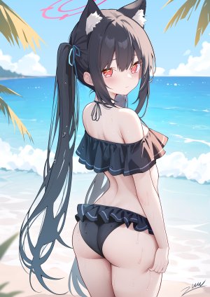 zuu,黒見セリカ,蔚蓝档案,兽耳,水着,光晕,萝莉,猫耳,泳装