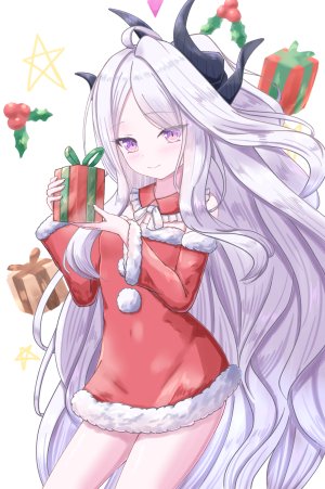 空崎ヒナ,蔚蓝档案,茜詩ちとせ,呆毛,脸红,breasts,圣诞节,恶魔娘,光晕,horns,长发,视线正对,紫色眼,笑顔,超长发,白发